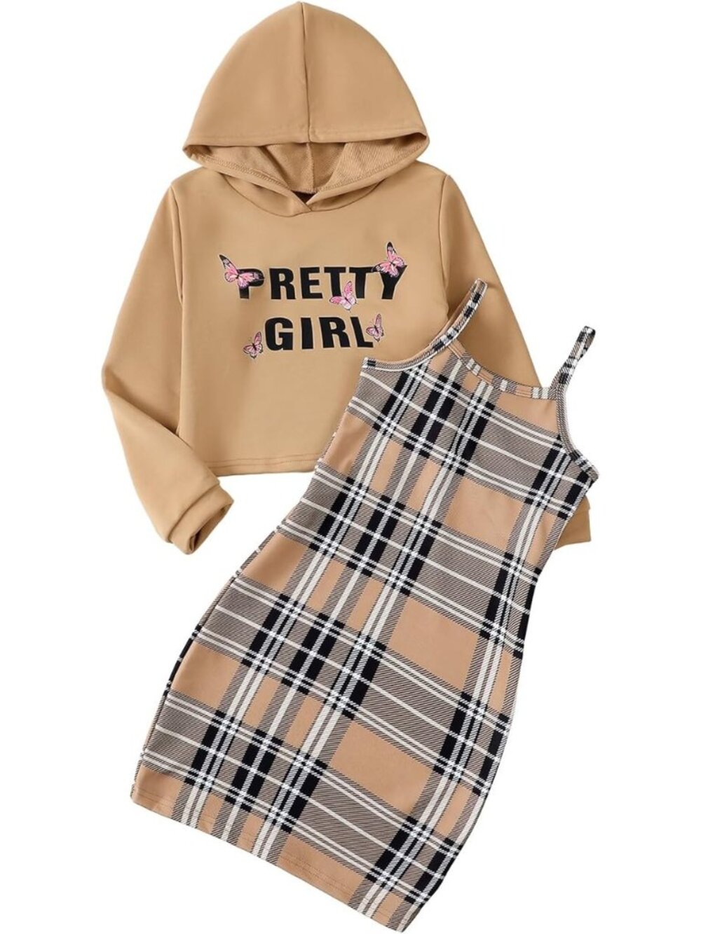 Pretty Girl Hoodie & Plaid Spaghetti Strap Dress Set For Girls Beige & Black Cas